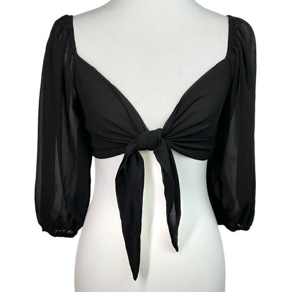 Papermoon Black Front Tie Shirred Sheer 3/4 Sleeve Crop Top Small New - Picture 1 of 5